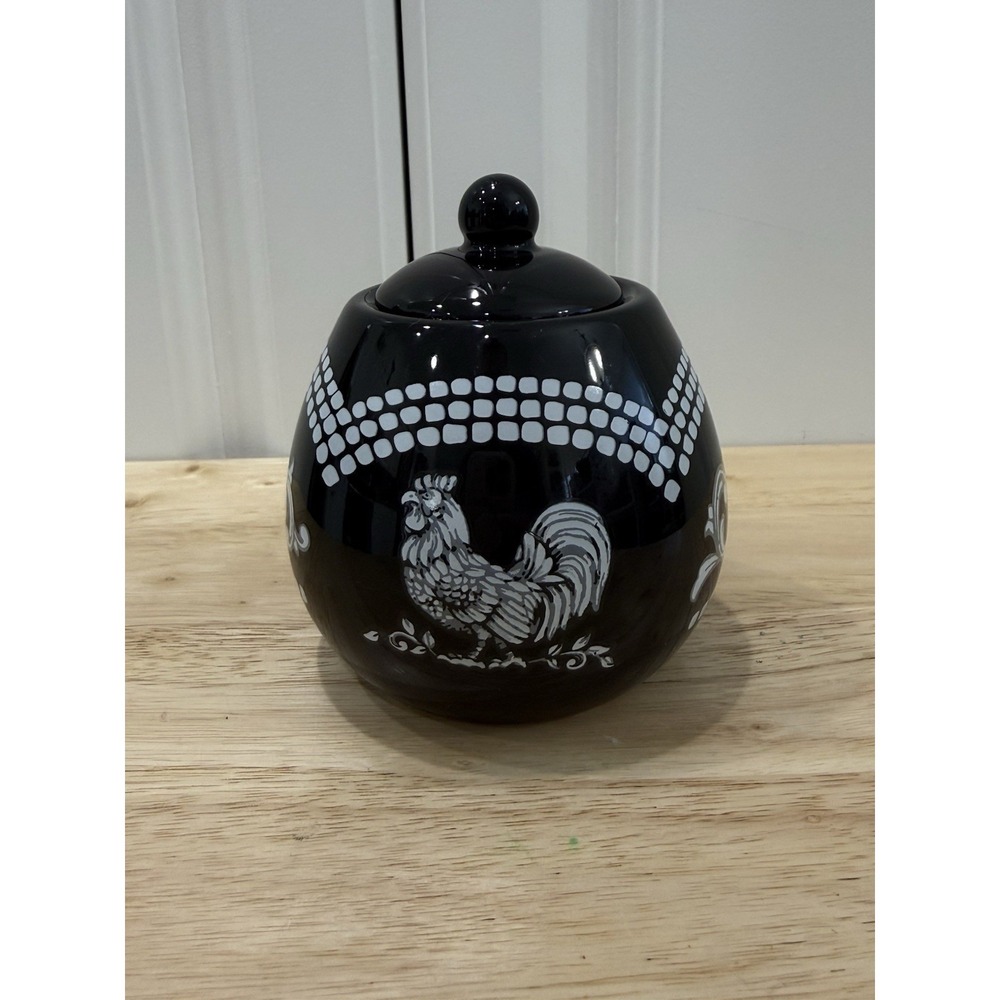 Temp-tations Black Rooster Jar Doodle Doo Stoneware 12oz Sugar Multi-Use 5"